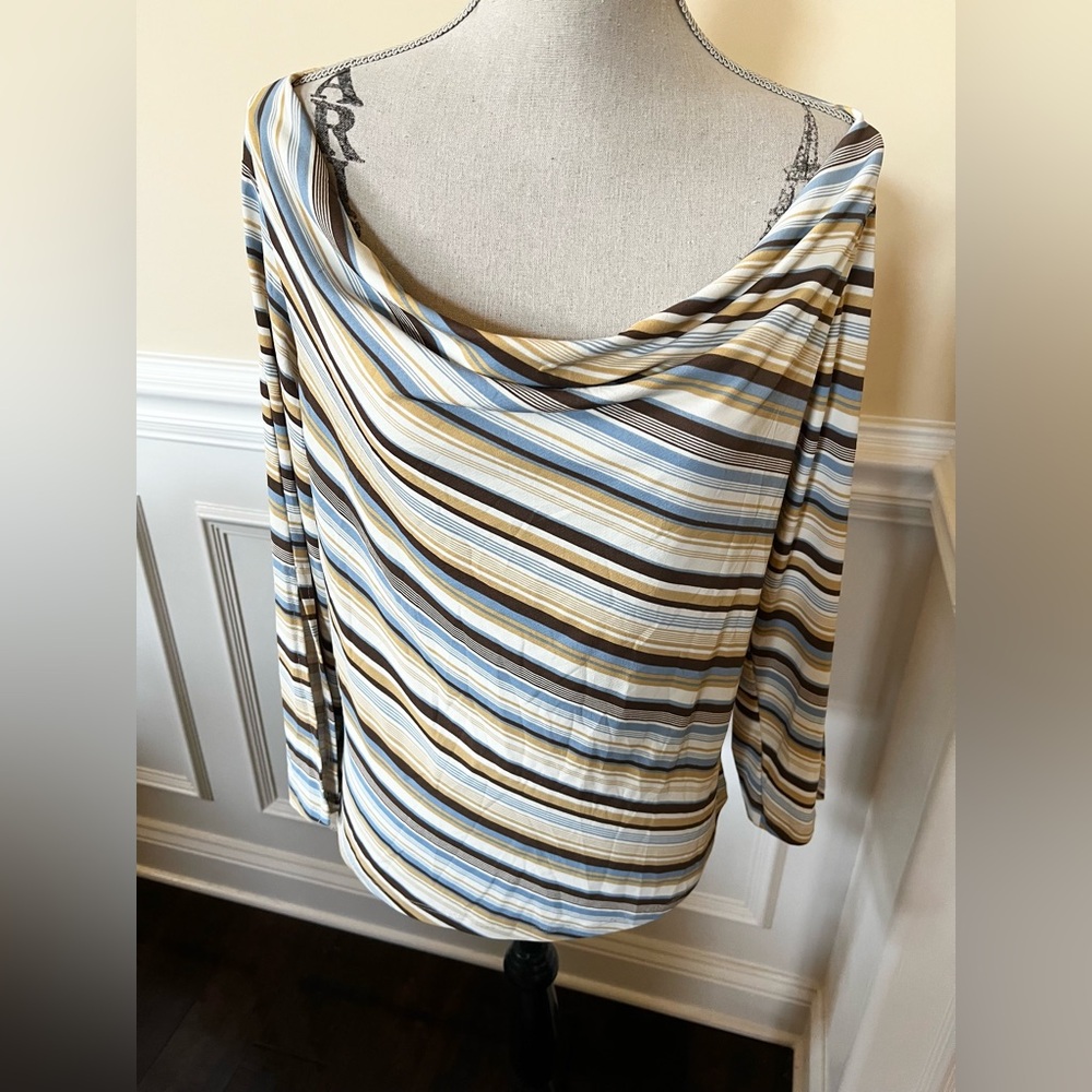 Tan, Brown, Blue-Diagonal Striped Long-Flair Split Sleeves-Top.
